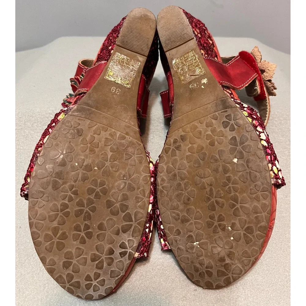 L Artiste by Spring Step Red Leather Floral Wedge Sandals Womens 39 US Size‎ 8.5
